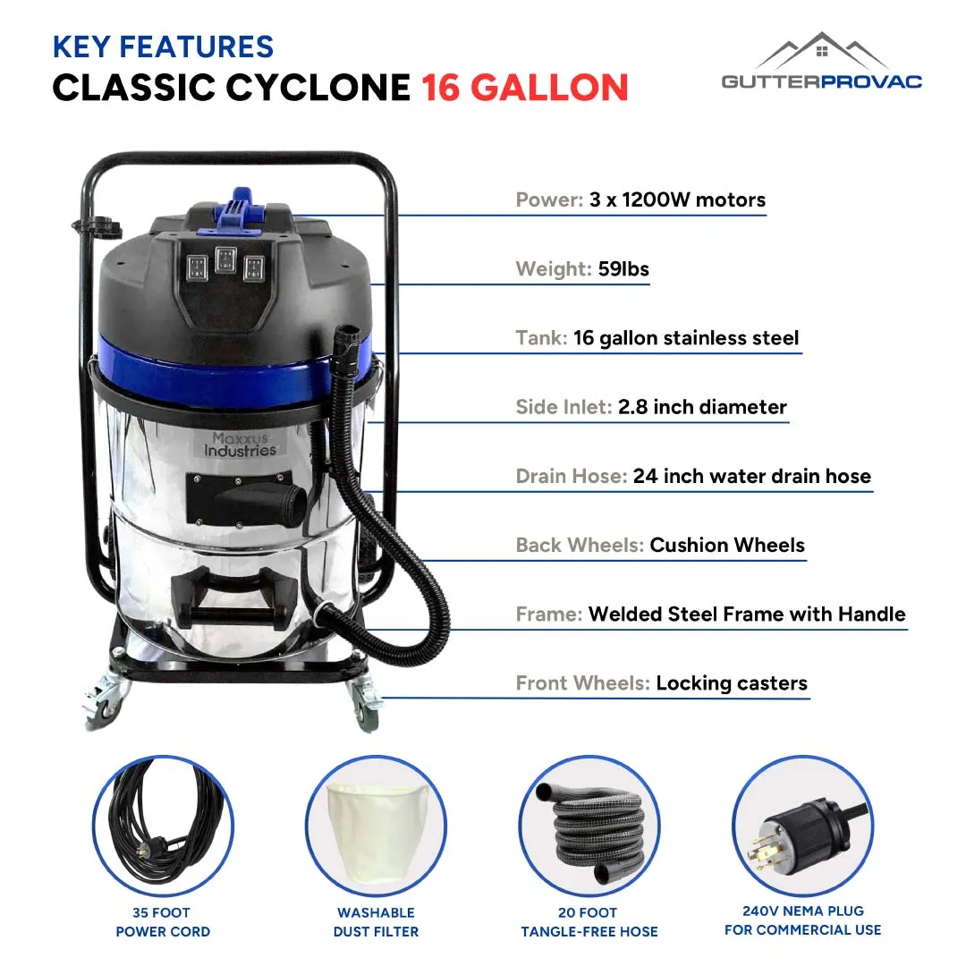 16 Gallon Classic Cyclone Gutter Vacuum with 40 Foot Aluminum Gutter Poles, 25ft Hose, Pole Bag and Inspection Camera