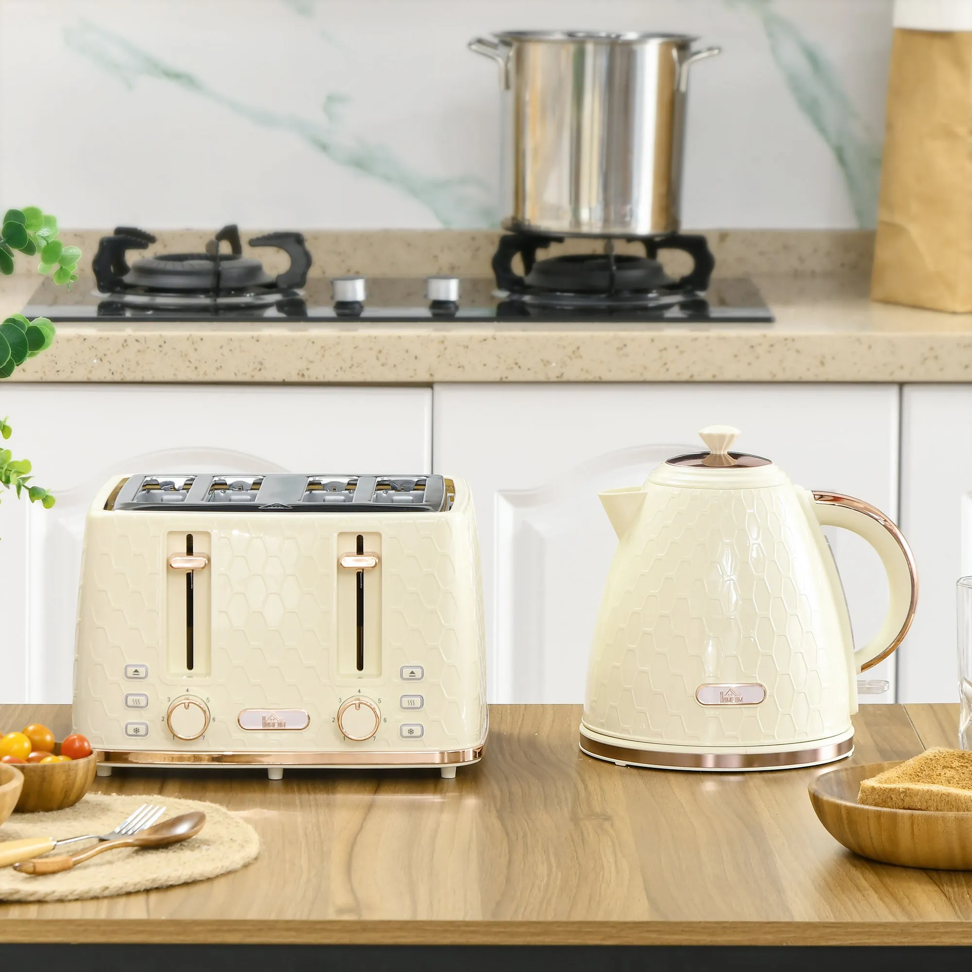 1.7L Kettle and Toaster Set with Defrost Reheat and Crumb Tray Beige