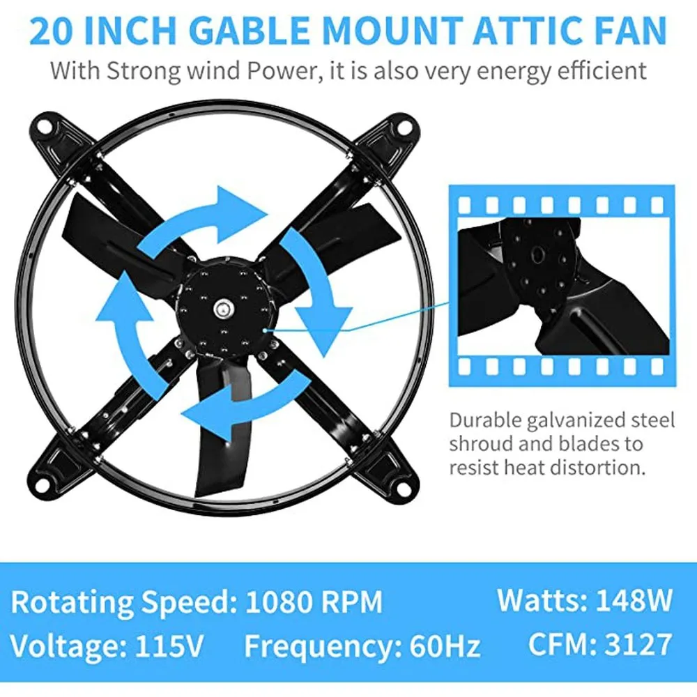 20 Inch Gable Mount Fan Attic Ventilator with Adjustable Temperature Thermostat, 3127 CFM, Black