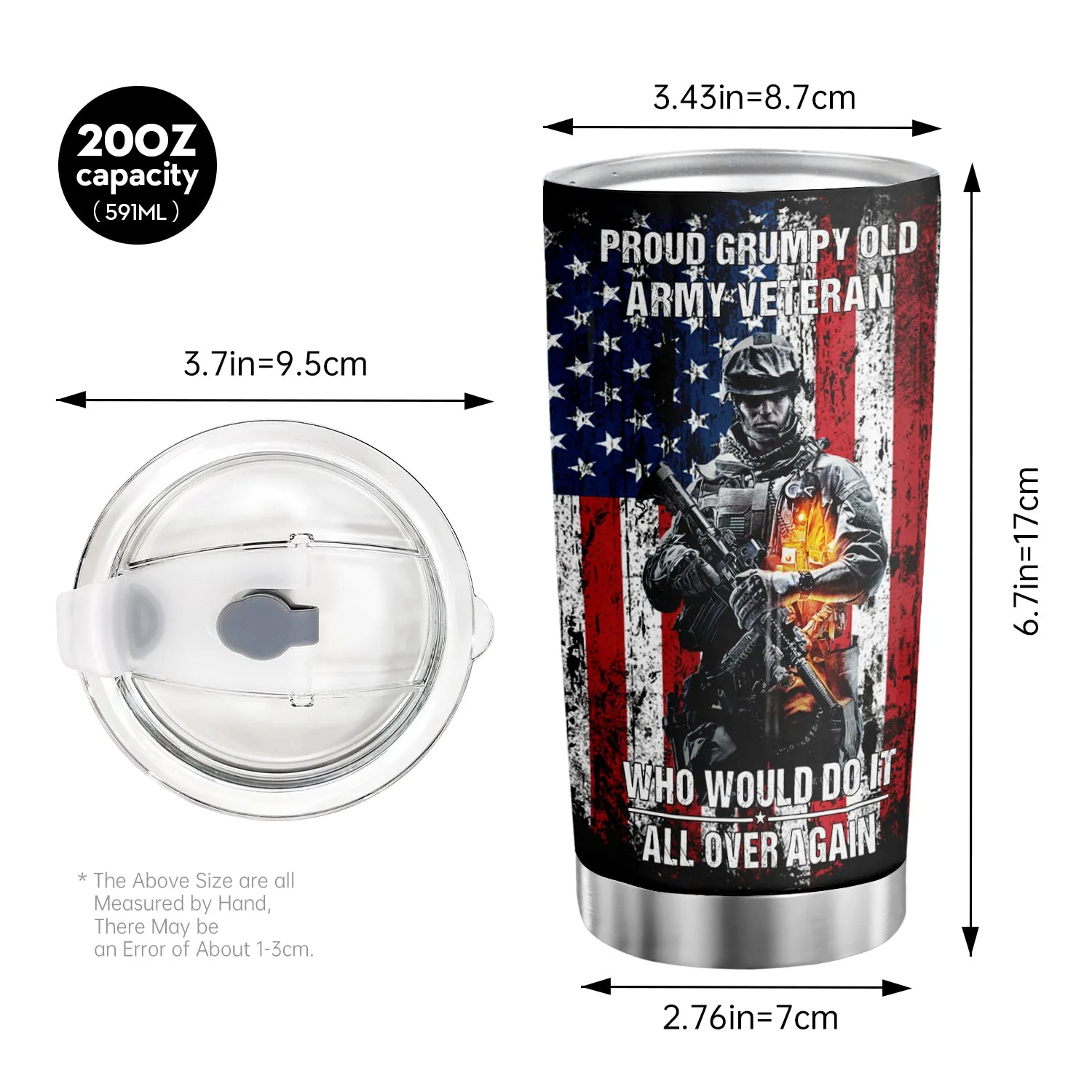 20oz US Solider and US Flag Stainless Steel Tumbler - Military Flag Vacuum Travel Coffee Mug Gift For Patriotic Soldier Veterans Retired - Perfect for Car, Home, Office, Travel & Independence Day Gifts!