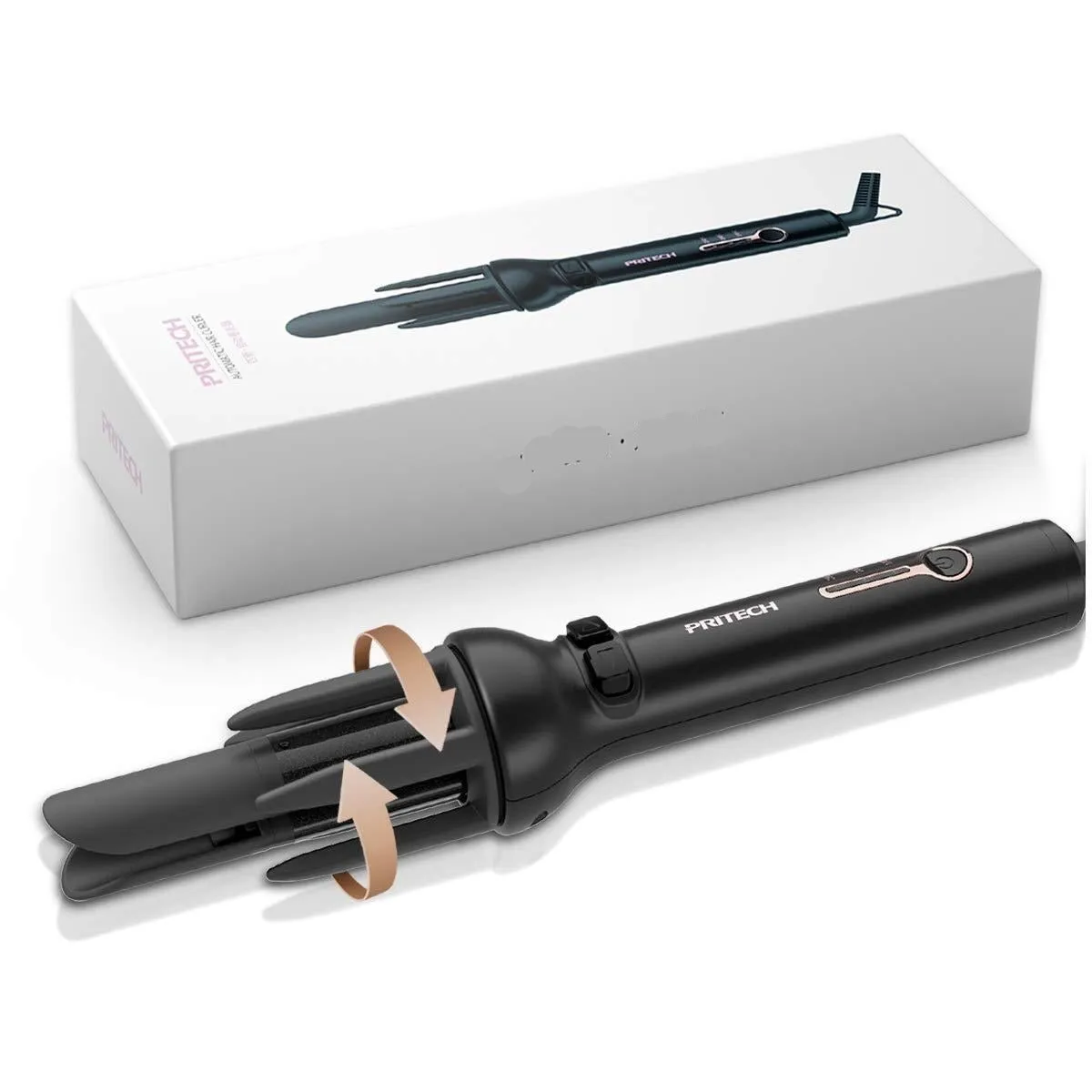 30s Instant Ceramic Heat | Professional Rotating Curling Iron Hair Wand |  LCD Temp Display Black