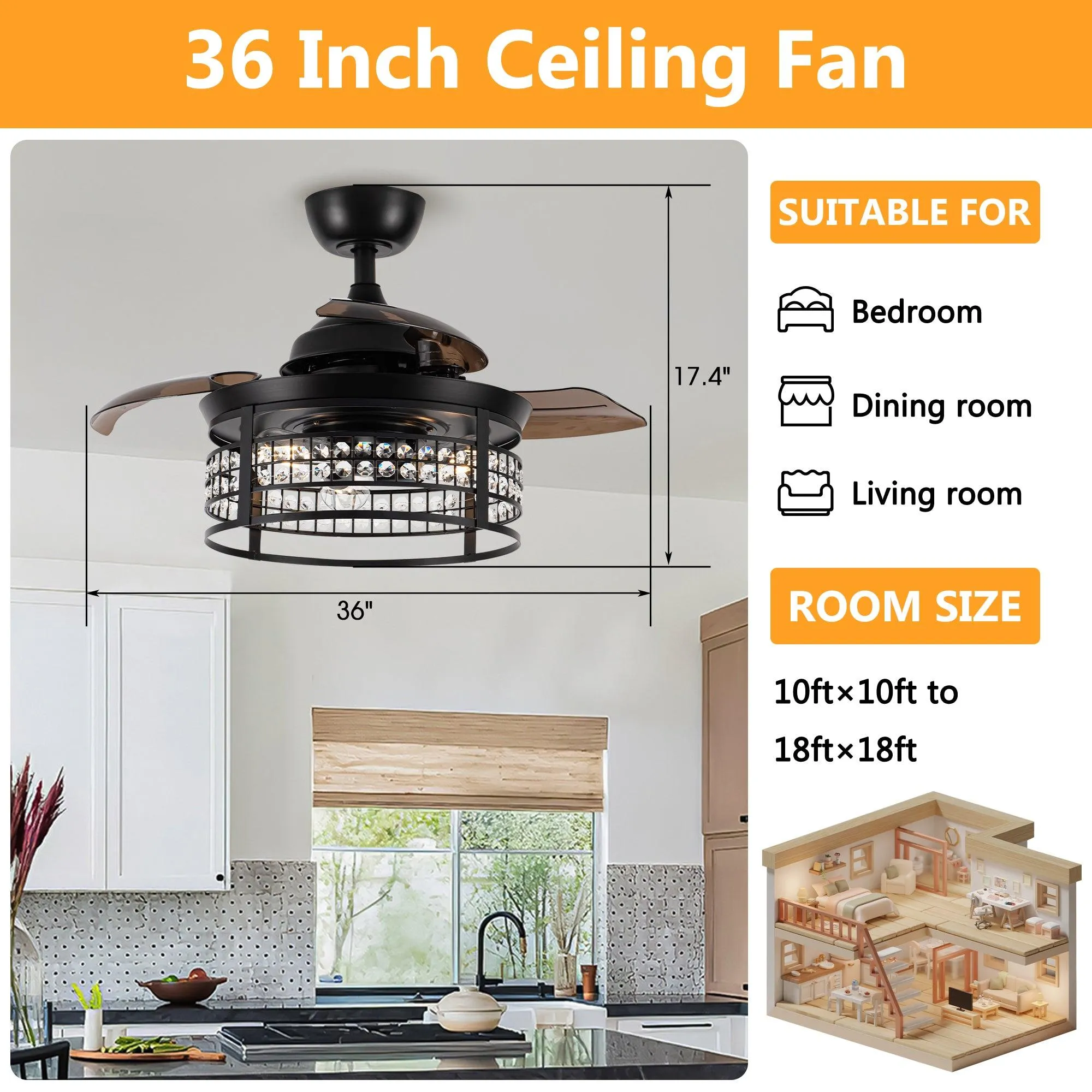 36" 3 Blades Modern Ceiling Fan with Lighting and Remote Control