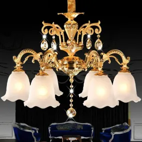 6-Head Gold Flower Down Lighting Chandelier with Crystal Teardrops - Traditional Cream Glass, Perfect for Dining Room