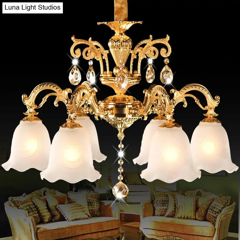 6-Head Gold Flower Down Lighting Chandelier with Crystal Teardrops - Traditional Cream Glass, Perfect for Dining Room