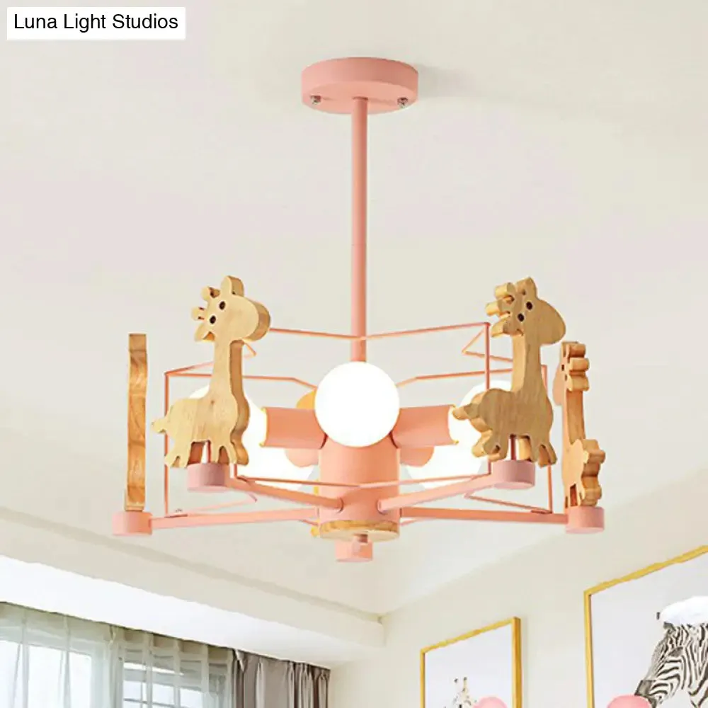 6-Head Macaron Caged Suspension Light with Wooden Deer Decor - Kids Bedroom Chandelier