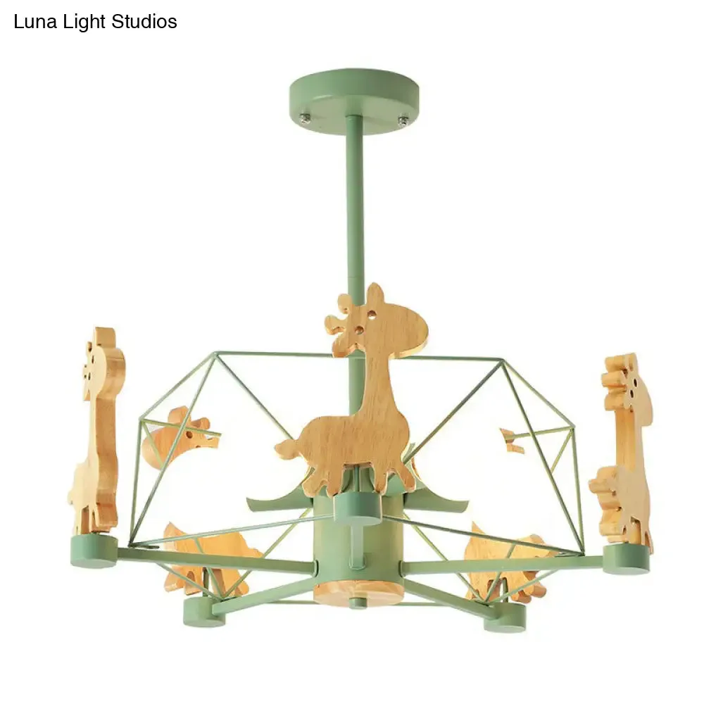 6-Head Macaron Caged Suspension Light with Wooden Deer Decor - Kids Bedroom Chandelier