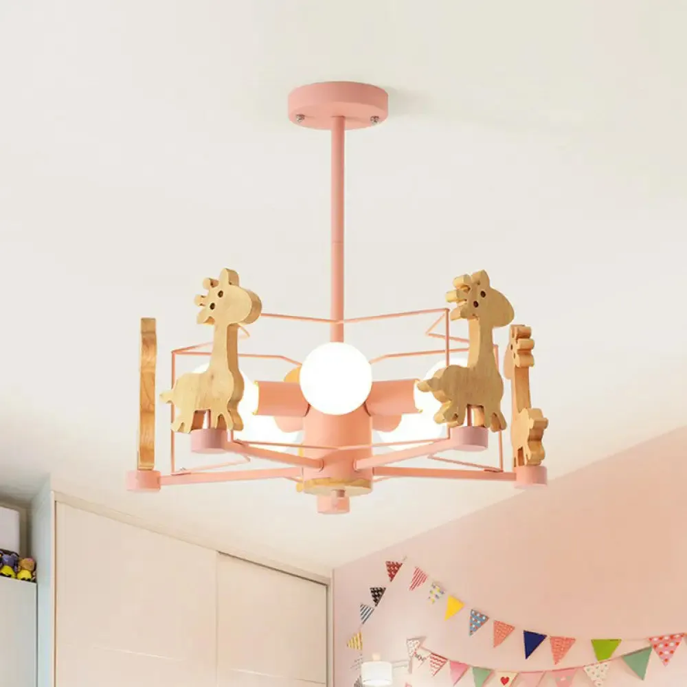 6-Head Macaron Caged Suspension Light with Wooden Deer Decor - Kids Bedroom Chandelier