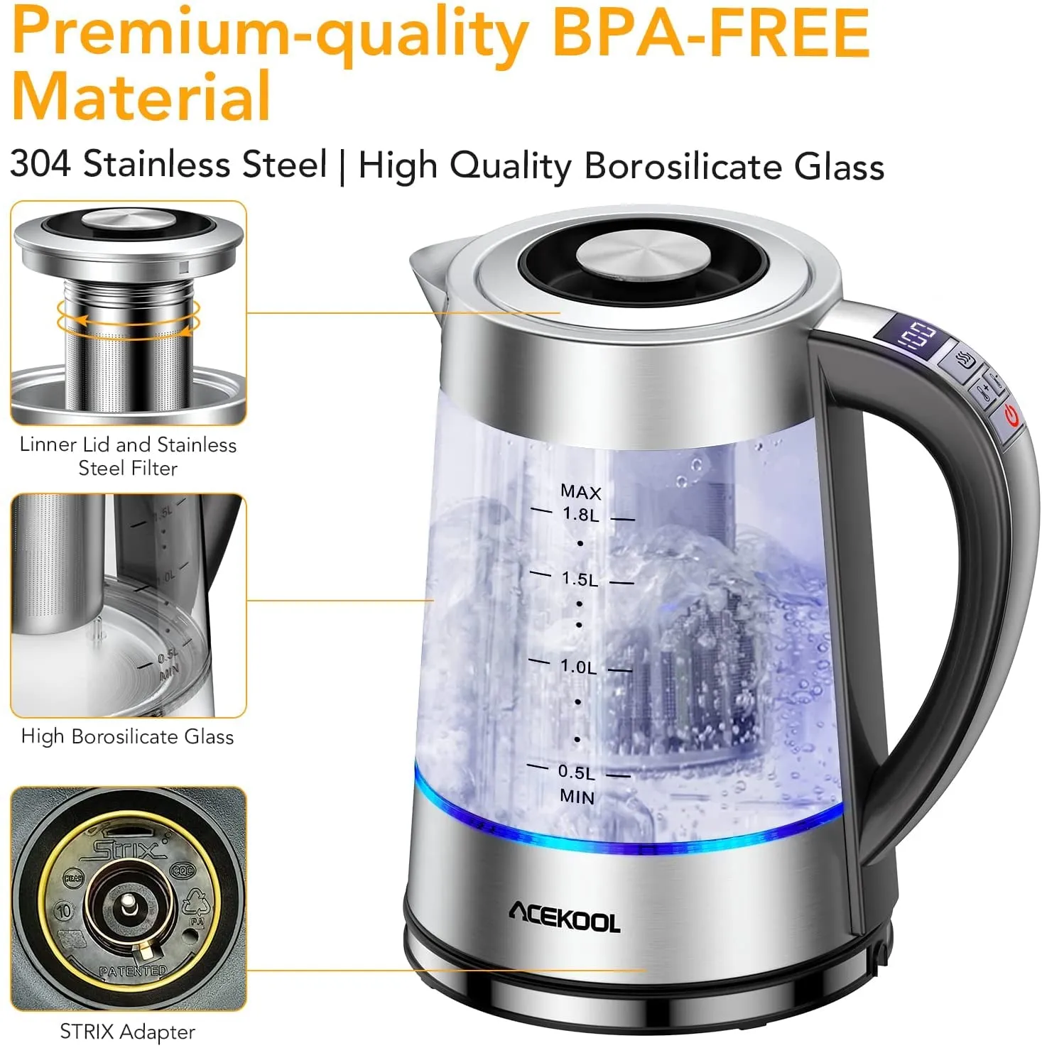 ACEKOOL Electric Kettle KB1 1.8L Glass Keep Warm Tea Kettle