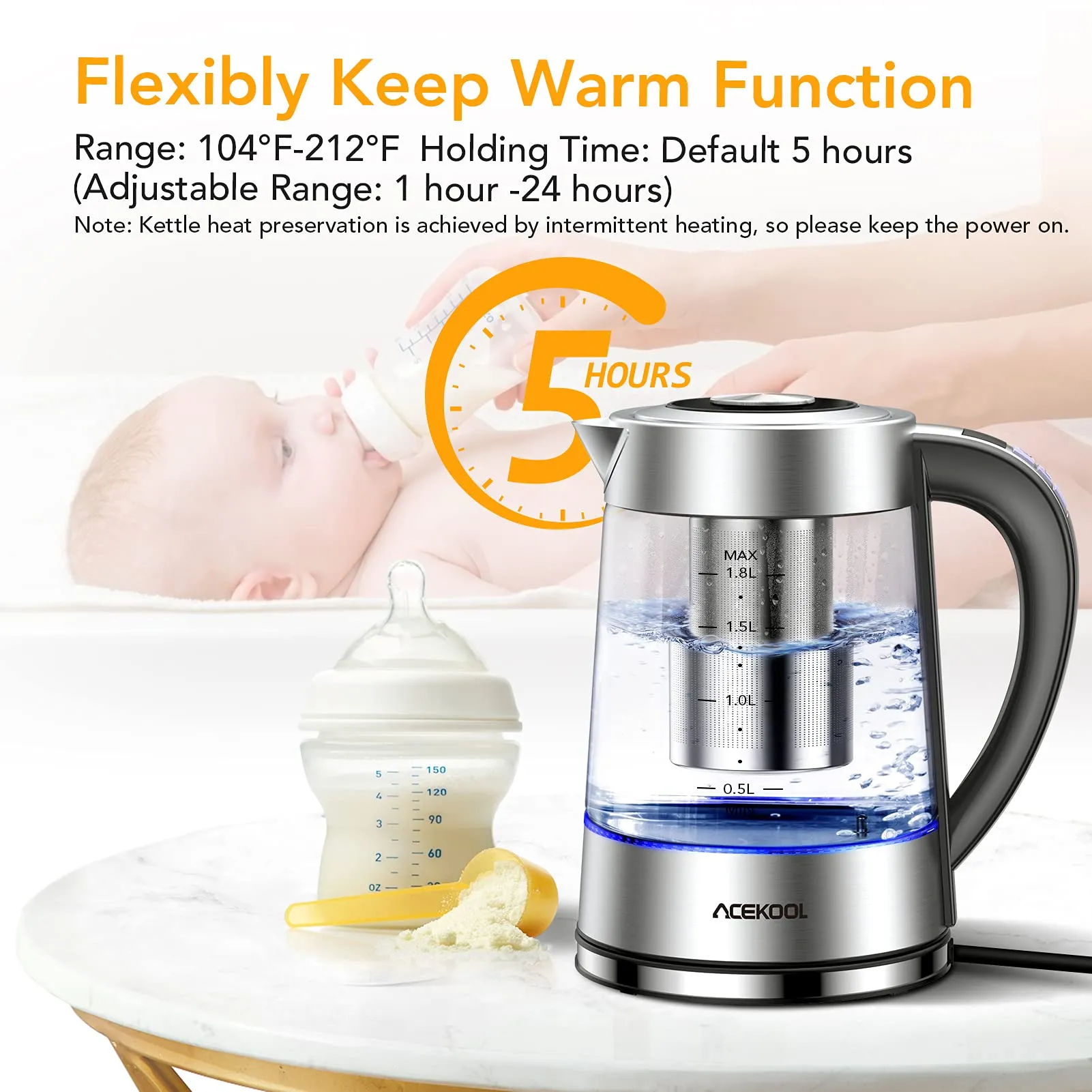 ACEKOOL Electric Kettle KB1 1.8L Glass Keep Warm Tea Kettle