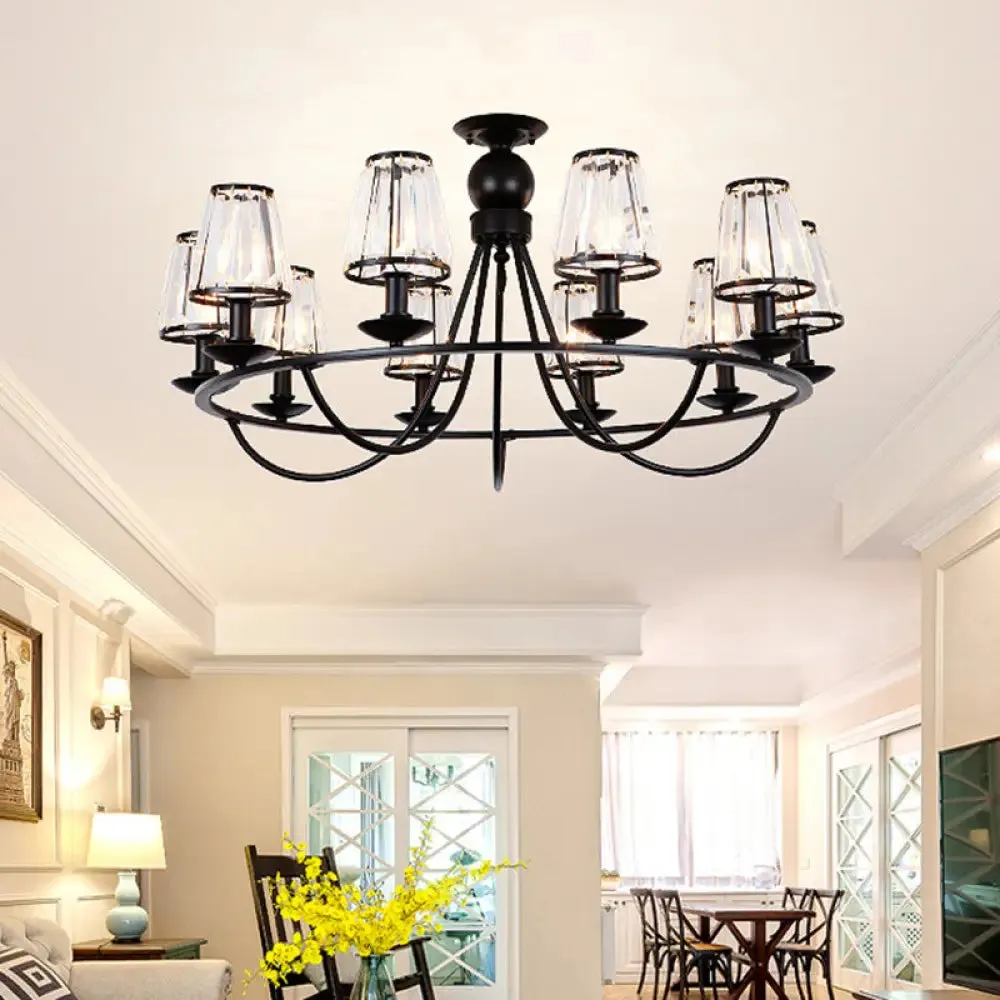 Black Conic Suspension Lamp with Traditional Cut-Crystal - Dining Room Chandelier