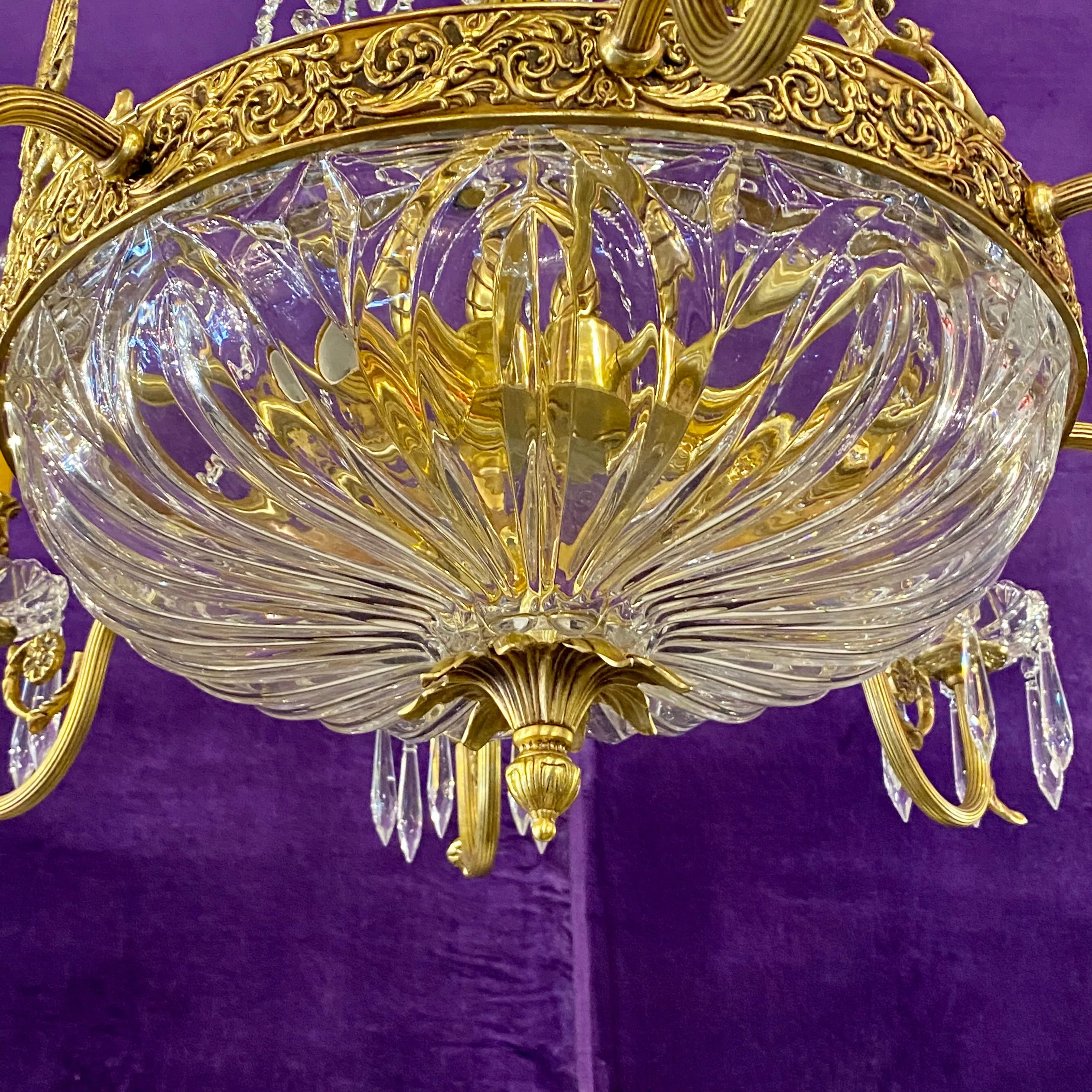 Brass & Crystal Neoclassical Chandelier with Cut Glass