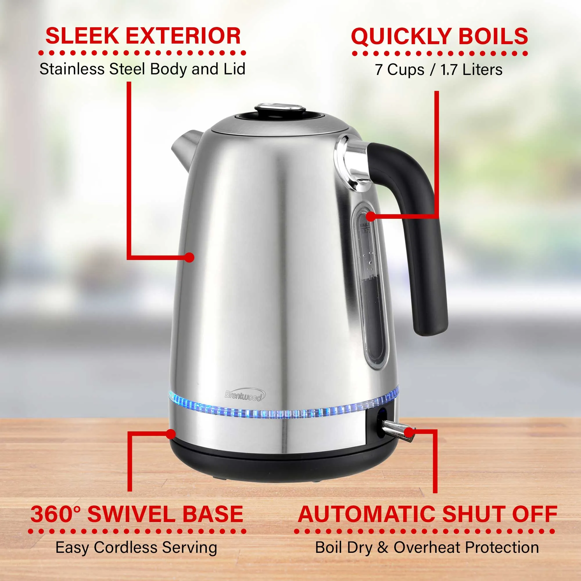 Brentwood KT-1792S 1500W 1.7L Cordless Electric Stainless Steel Kettle