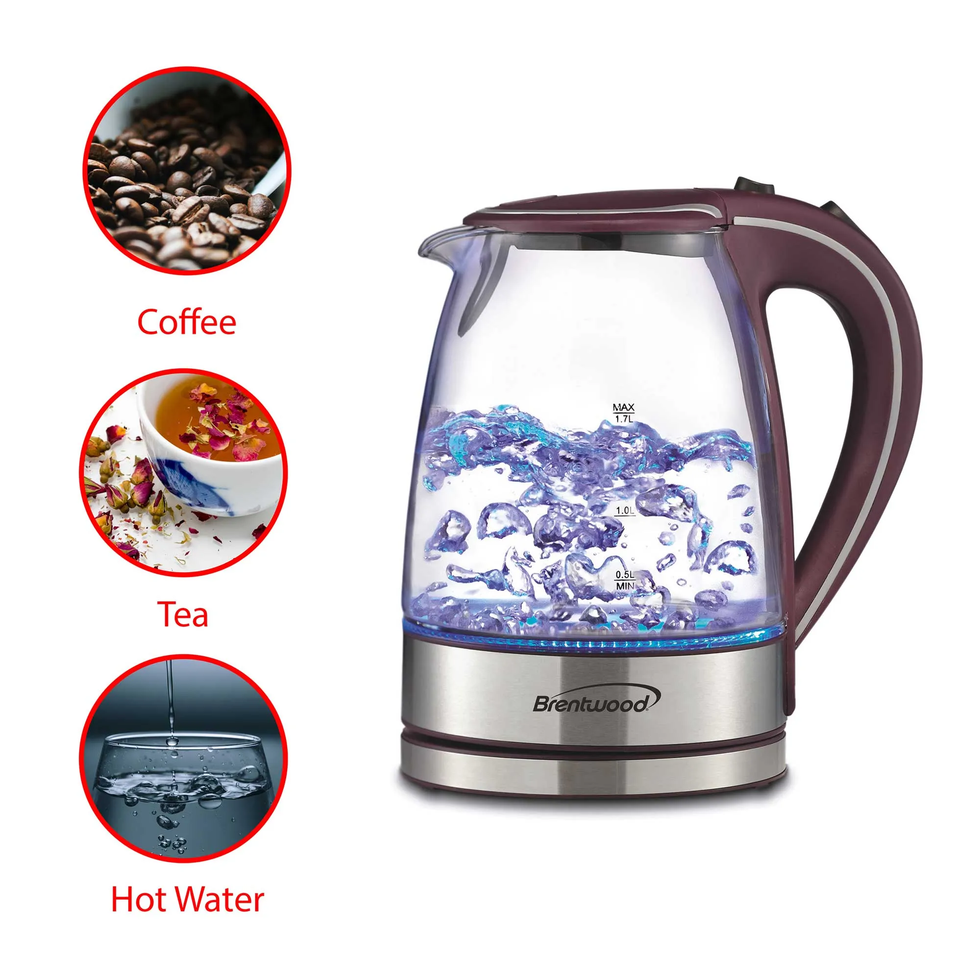 Brentwood KT-1900PR 1.7L Cordless Glass Electric Kettle, Purple