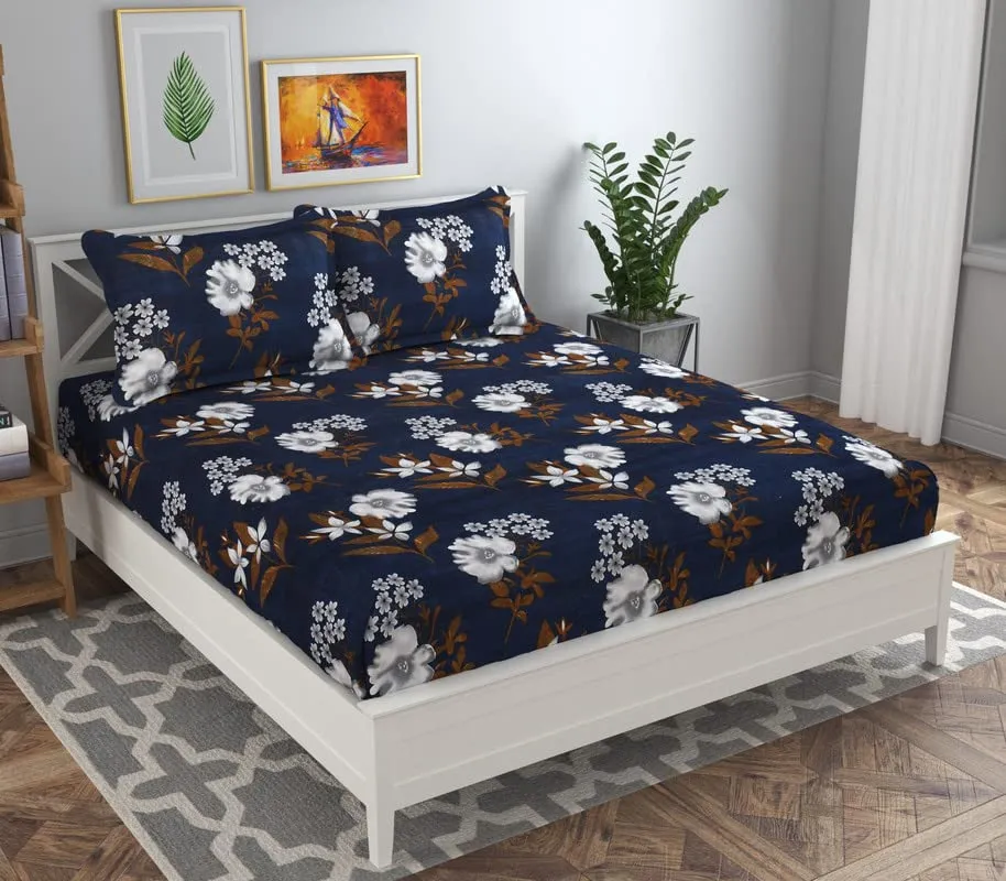 BSB HOME 120 TC Double Abstract Floral Bedsheet with 2 Pillow Covers | 110 GSM Soft Brushed Microfiber - Breathable & Wrinkle Free - (86 X 88 Inch, Dark Blue & Beige & Brown)