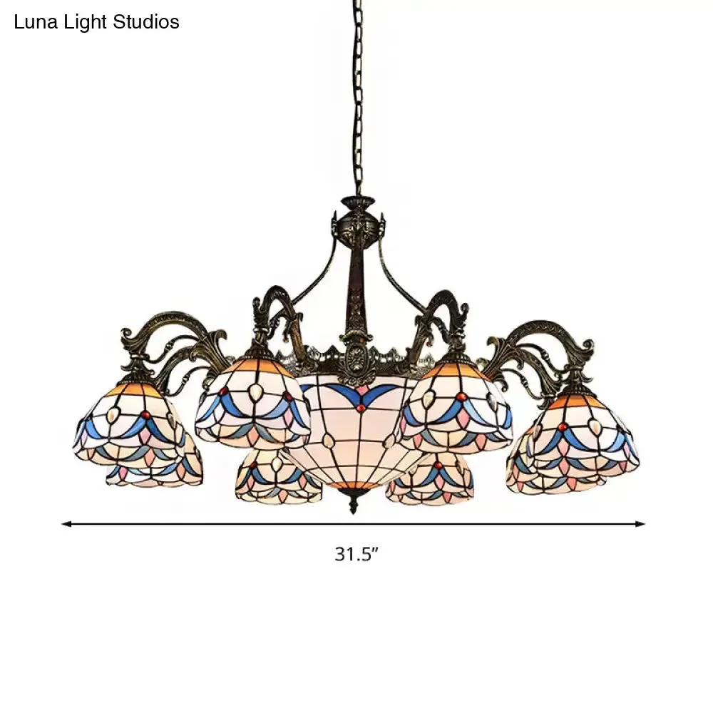 Dome Chandelier with Stained Glass Tiffany Pendant Lighting - Multi Light, Metal Chain