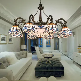 Dome Chandelier with Stained Glass Tiffany Pendant Lighting - Multi Light, Metal Chain