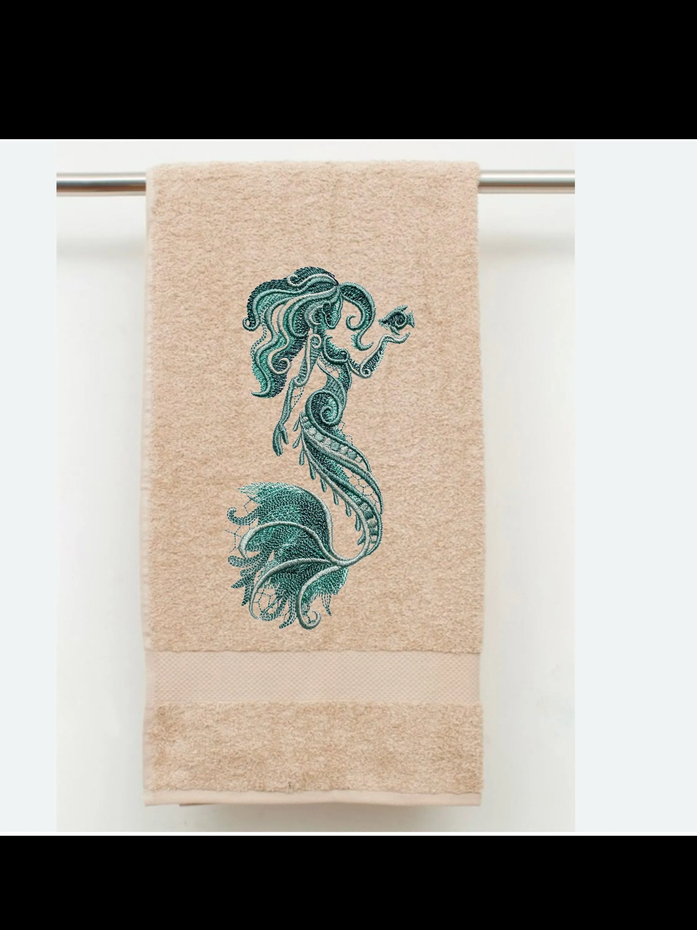 Embroidered Mermaid Hand Towel. Gorgeous Mermaid embroidered in beautiful ocean colors.  Add a touch of coastal luxury to any bathroom.