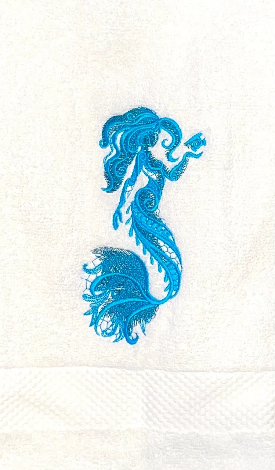 Embroidered Mermaid Hand Towel. Gorgeous Mermaid embroidered in beautiful ocean colors.  Add a touch of coastal luxury to any bathroom.