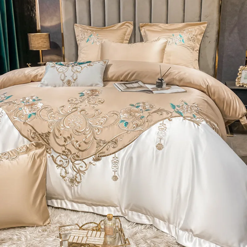 European Champagne Flower Embroidery Four-piece Luxury Bedding Cover Set