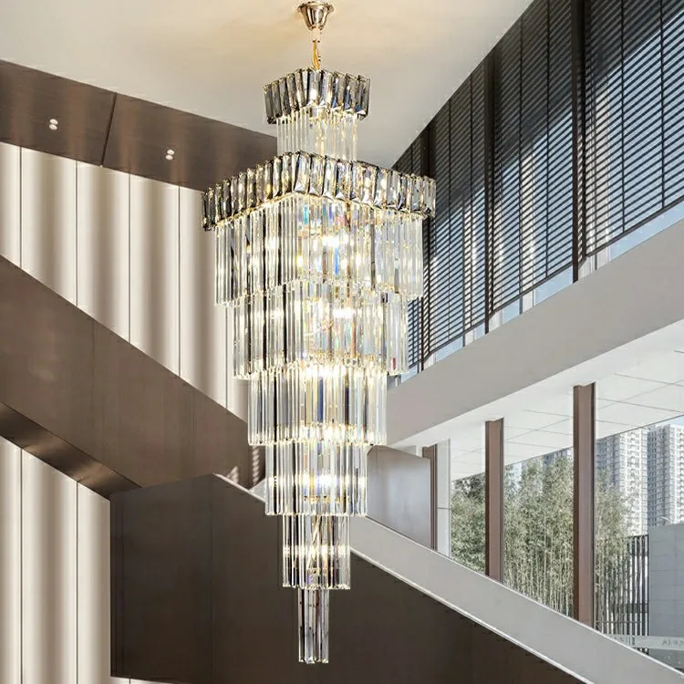 Extra Large Vertical Crystal Staircase Chandelier Foyer Ceiling Light Fixture in Gray/Amber Brim