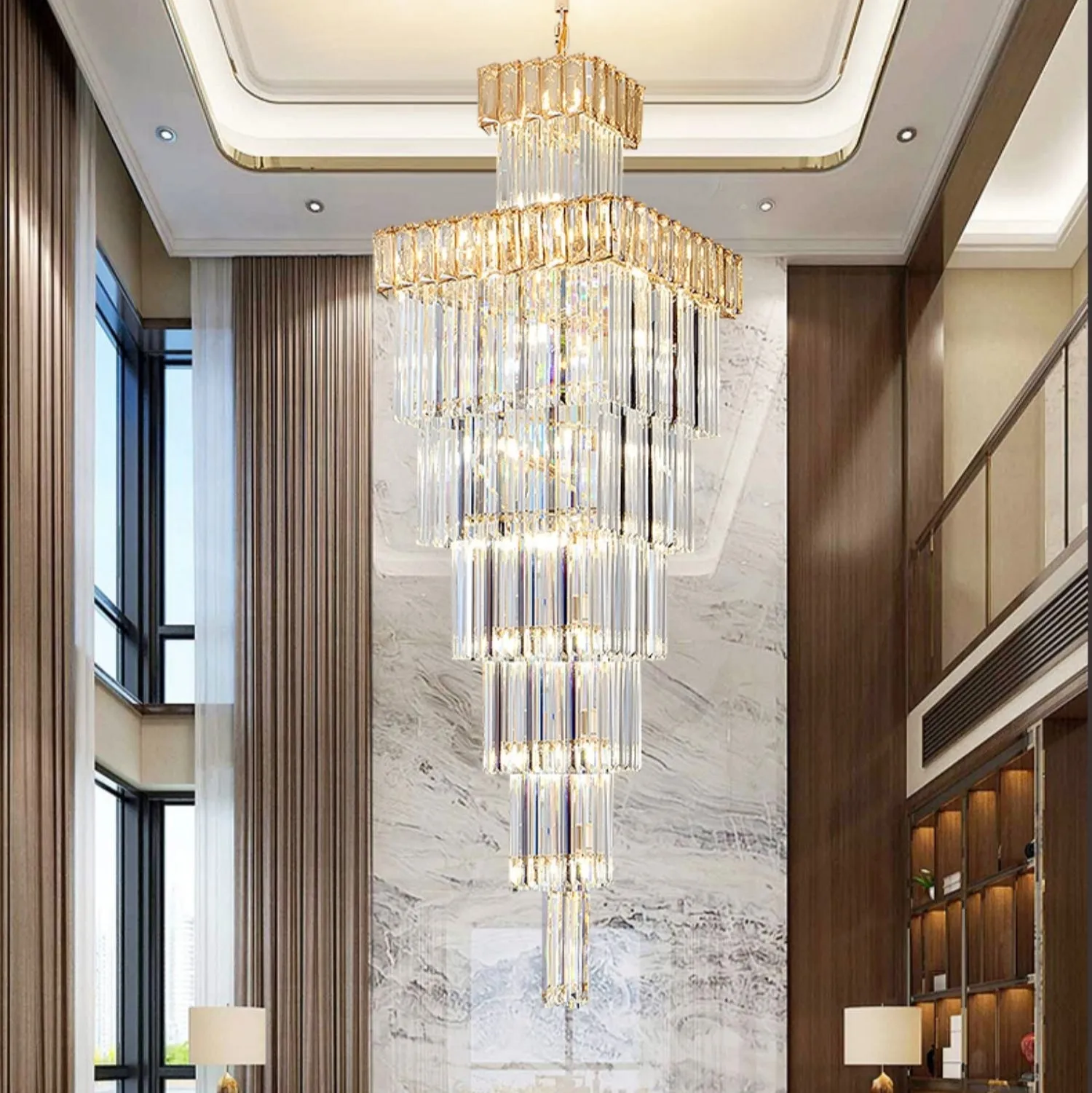 Extra Large Vertical Crystal Staircase Chandelier Foyer Ceiling Light Fixture in Gray/Amber Brim