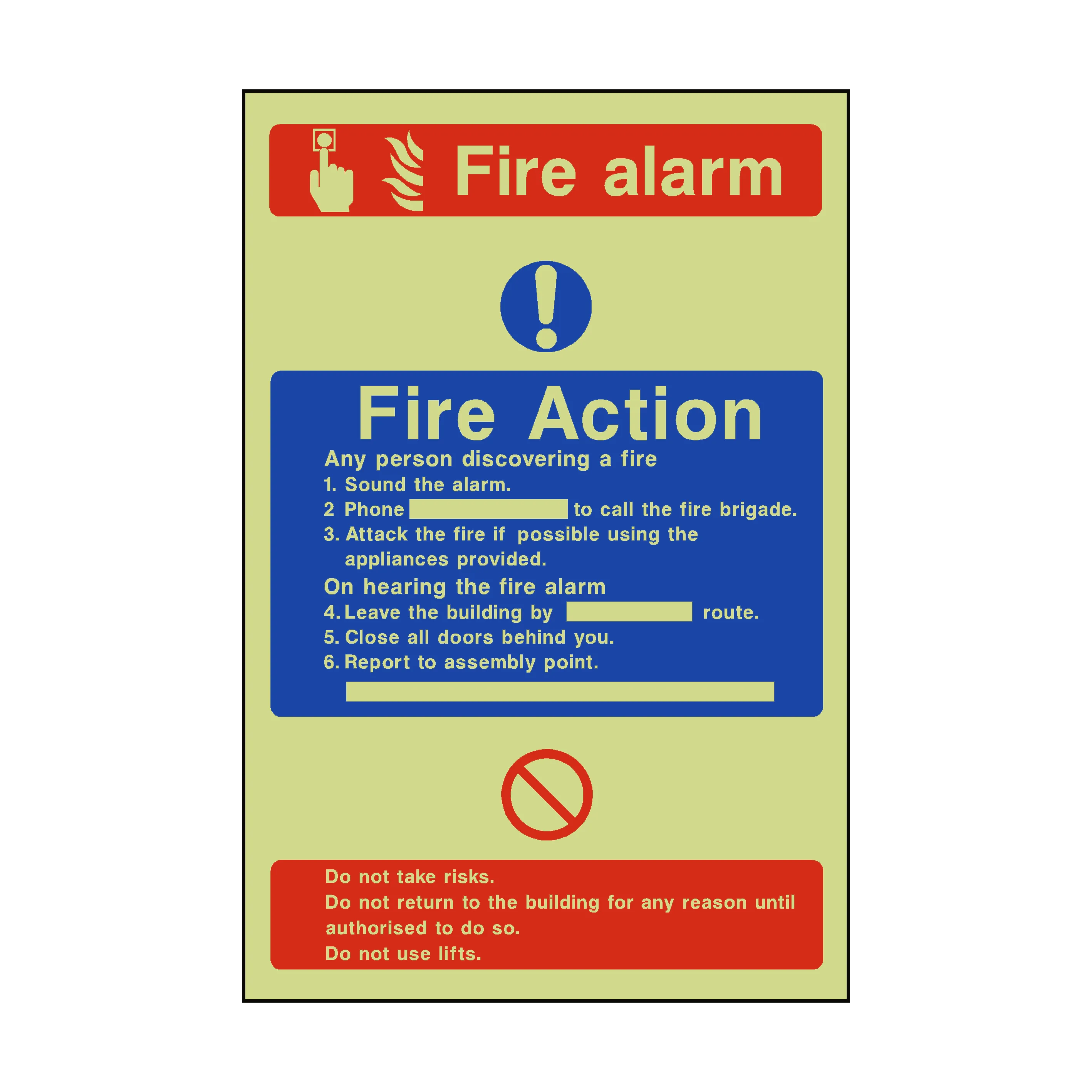 Fire Action Fire Alarm Photoluminescent Sign