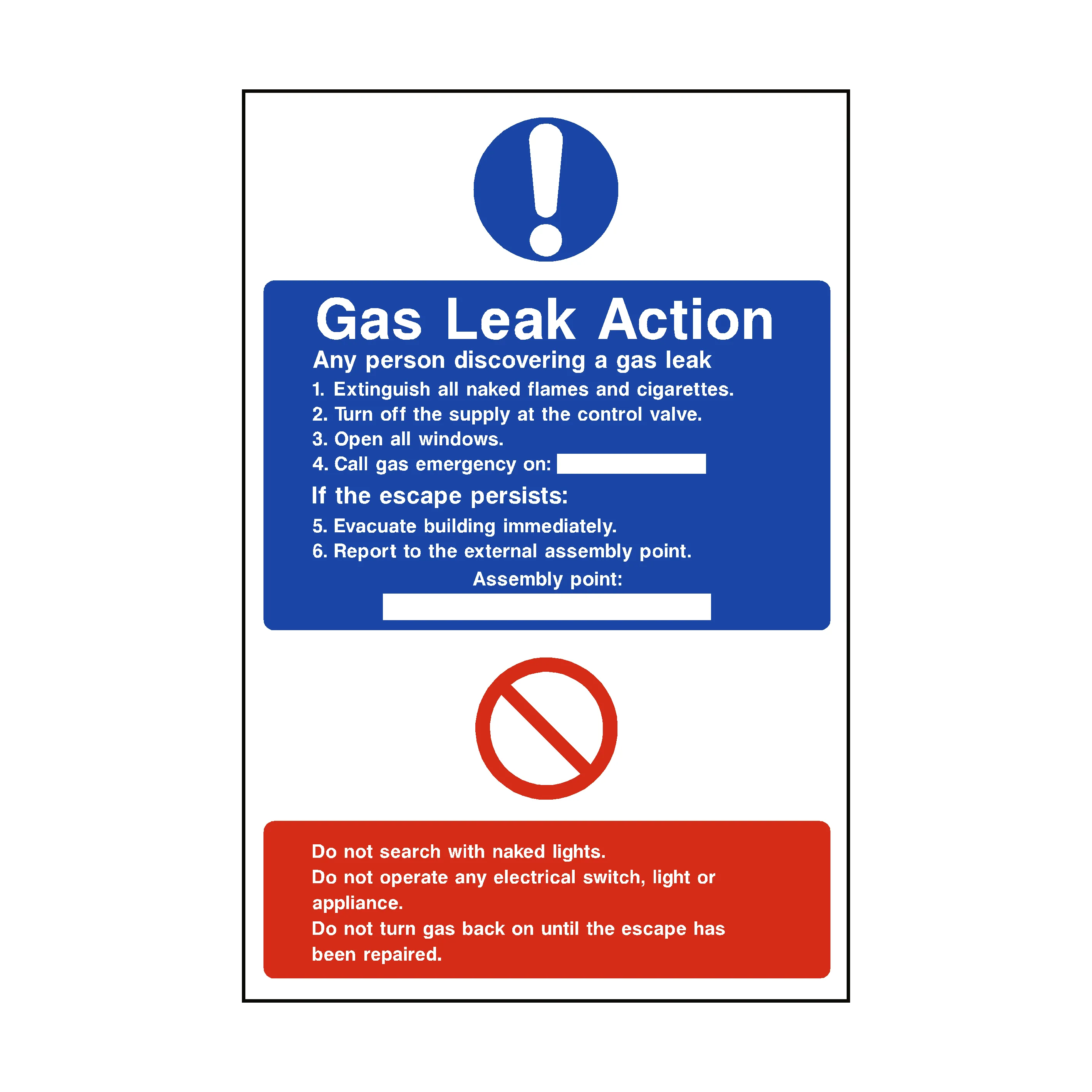 Fire Action Gas Leak Sign