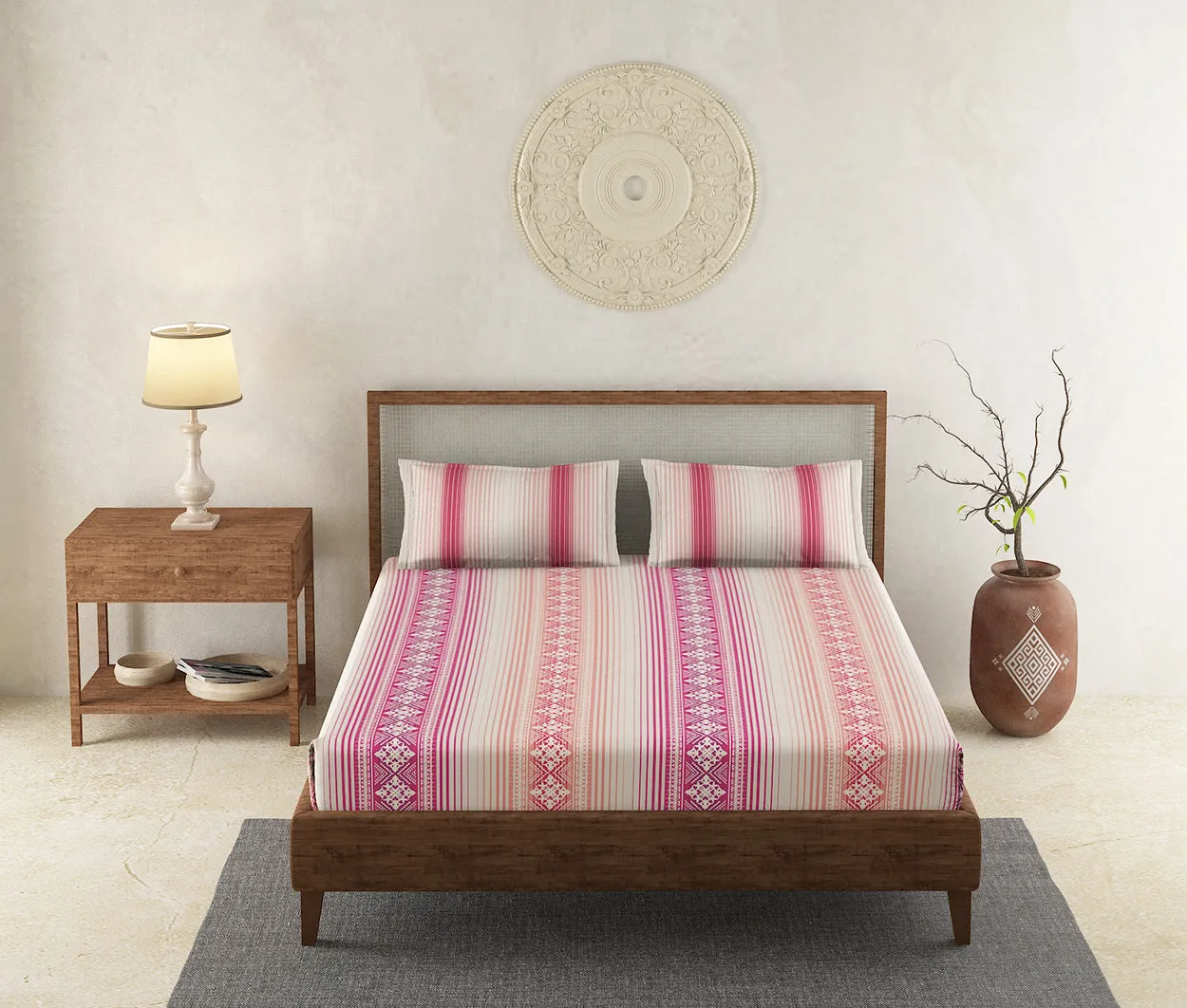 Folk Pink 100% Cotton Antibacterial Bedsheet Set