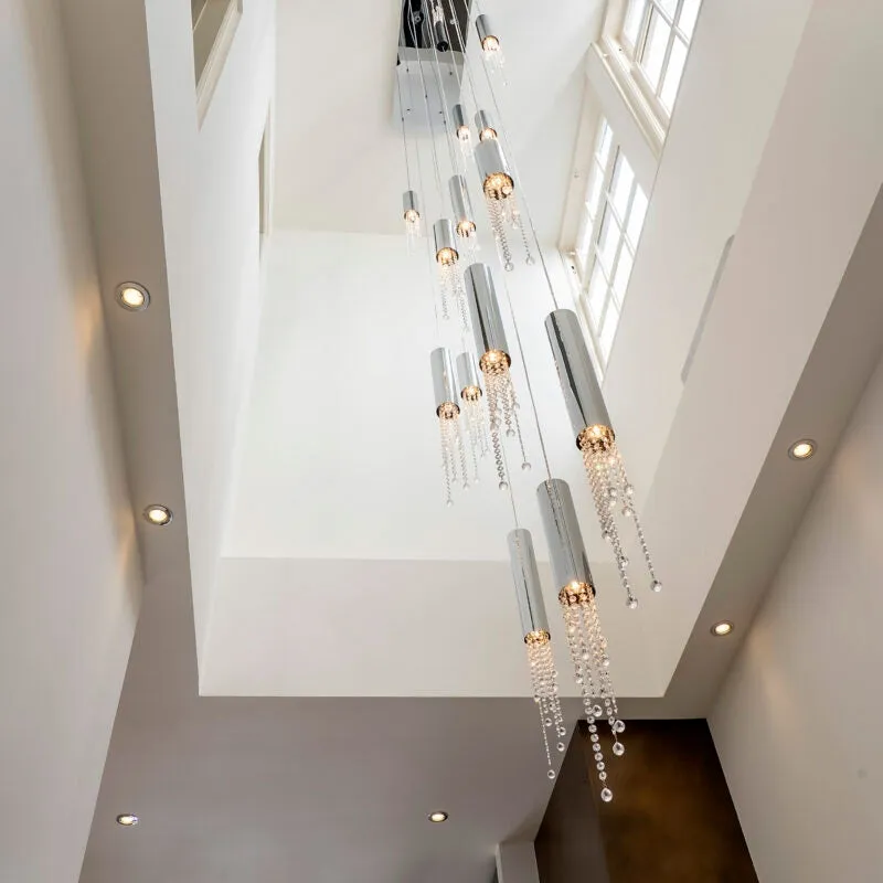 Foyer Staircase Chrome Ceiling Light Fixture Silver Crystal Pendant Chandelier For Hallway Entrance