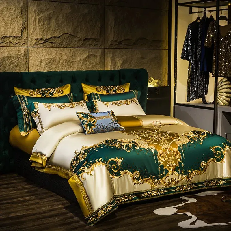 Gold and Green Satin Embroidery Patchwork Duvet Cover Queen King Luxury Royal Bedding Sets Cotton Bed Sheet Bedspread Pillowcase