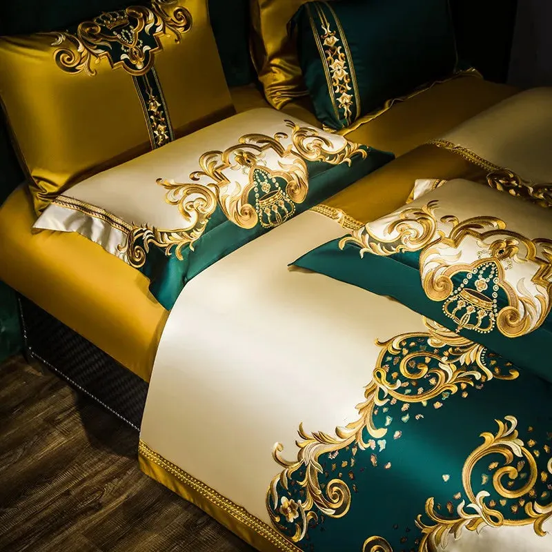 Gold and Green Satin Embroidery Patchwork Duvet Cover Queen King Luxury Royal Bedding Sets Cotton Bed Sheet Bedspread Pillowcase