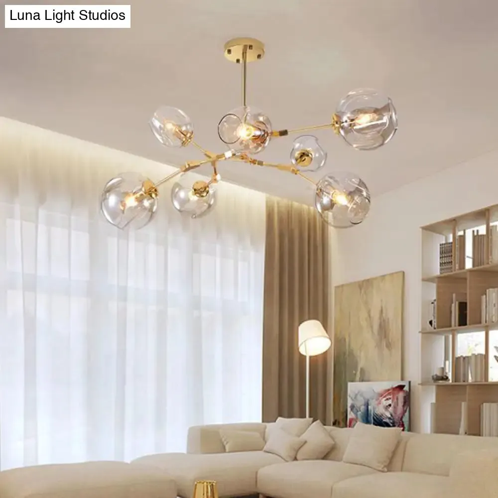 Gold Dimpled Glass Pendant Chandelier - Simplicity Cup Shade - 7 Bulb, Clear - for Dining Room