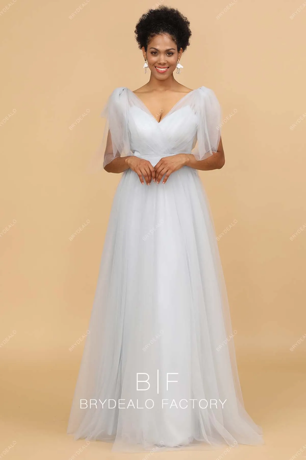 Ice Blue Tulle V-neck Floor Length A-line Gown