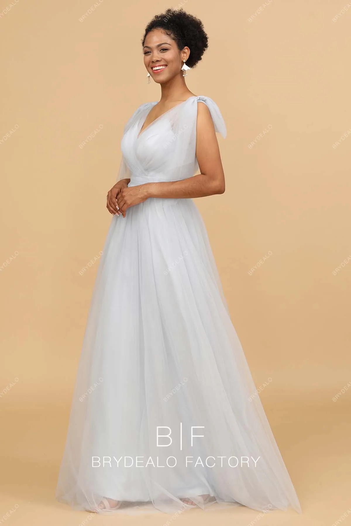 Ice Blue Tulle V-neck Floor Length A-line Gown