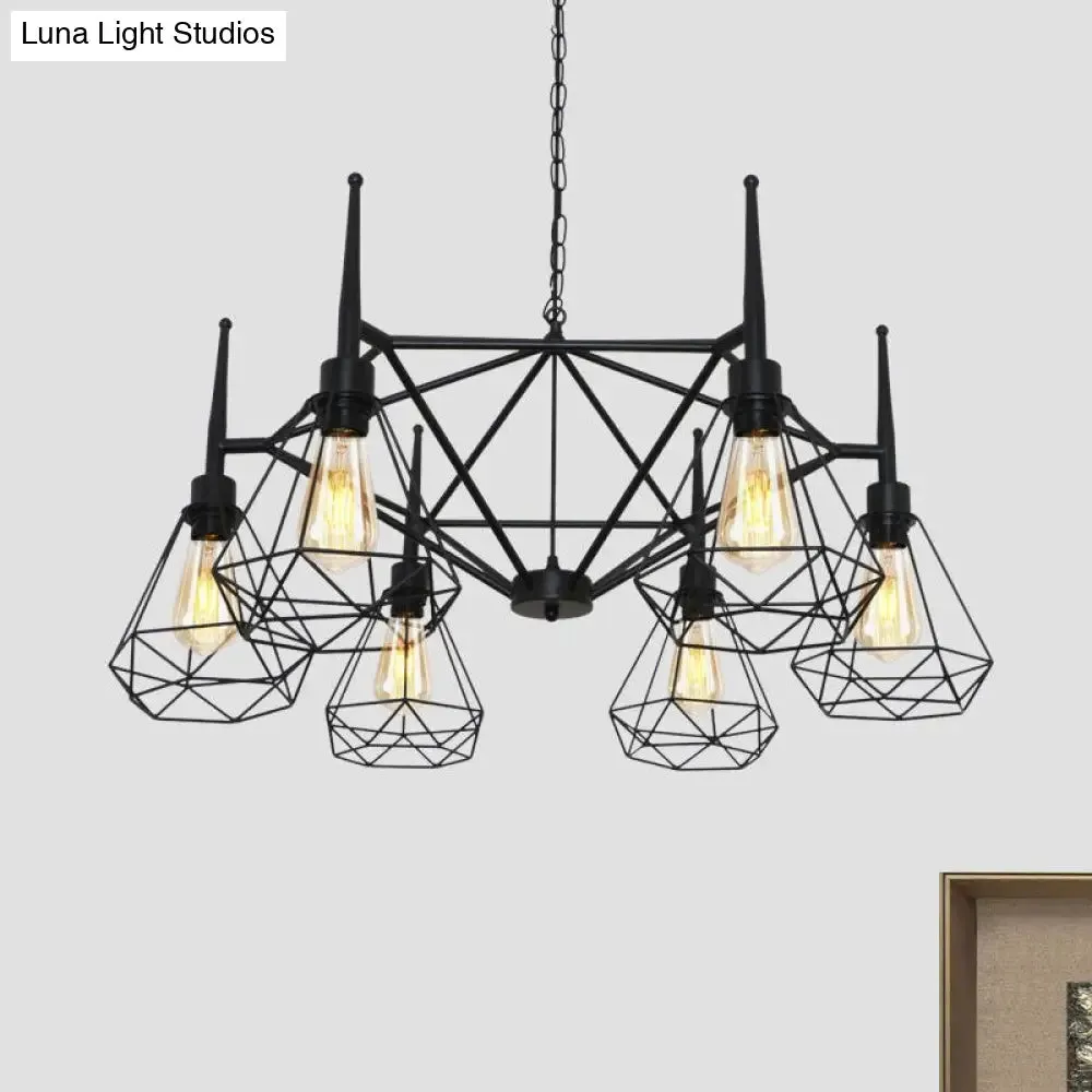 Industrial Cage Diamond Iron Chandelier Pendant Light with Adjustable Chain - Retro Multi-Light Ceiling Lamp (Black)