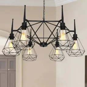 Industrial Cage Diamond Iron Chandelier Pendant Light with Adjustable Chain - Retro Multi-Light Ceiling Lamp (Black)