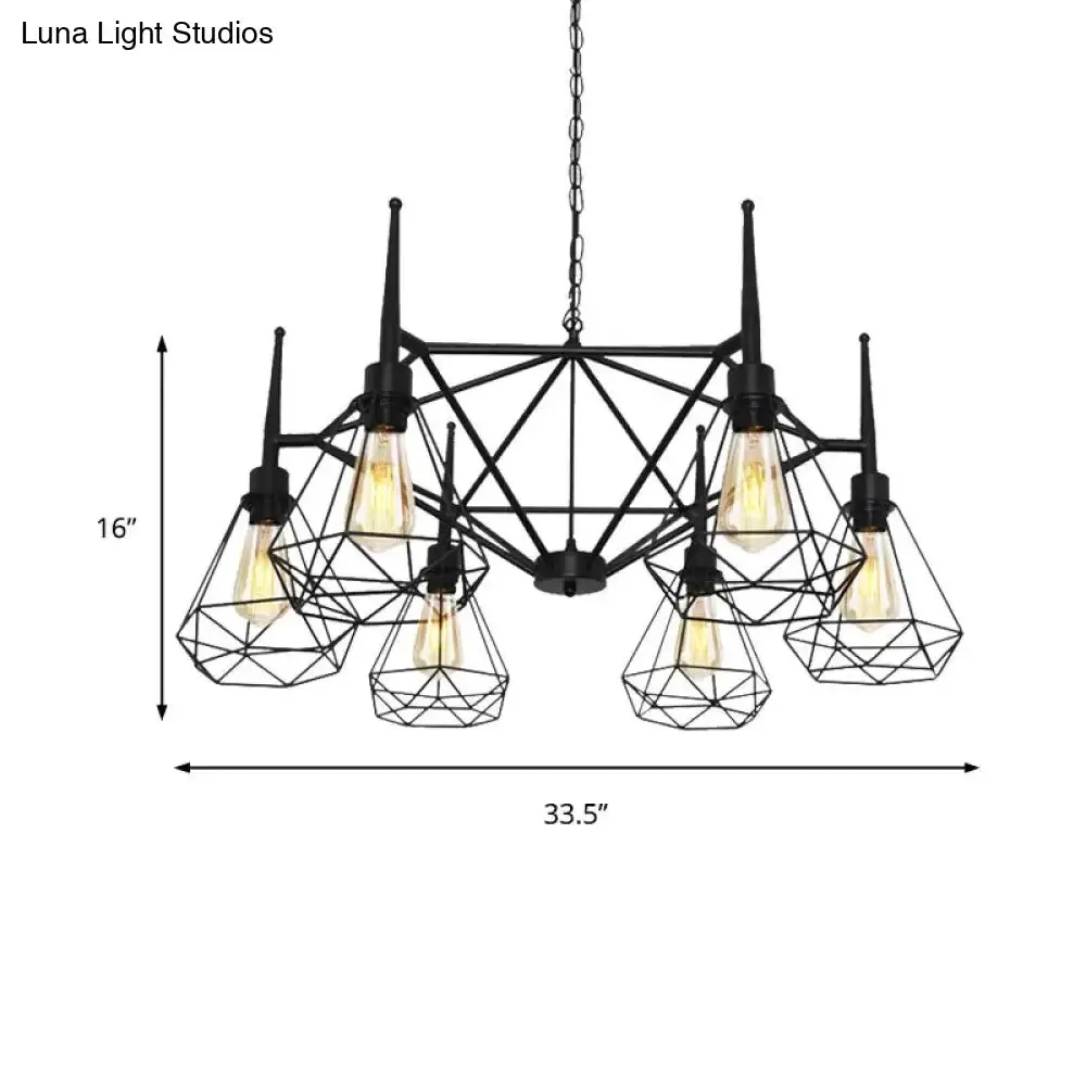 Industrial Cage Diamond Iron Chandelier Pendant Light with Adjustable Chain - Retro Multi-Light Ceiling Lamp (Black)