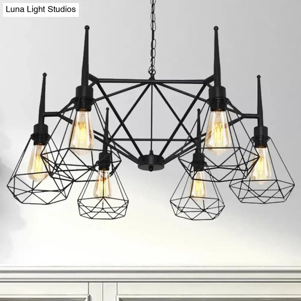 Industrial Cage Diamond Iron Chandelier Pendant Light with Adjustable Chain - Retro Multi-Light Ceiling Lamp (Black)