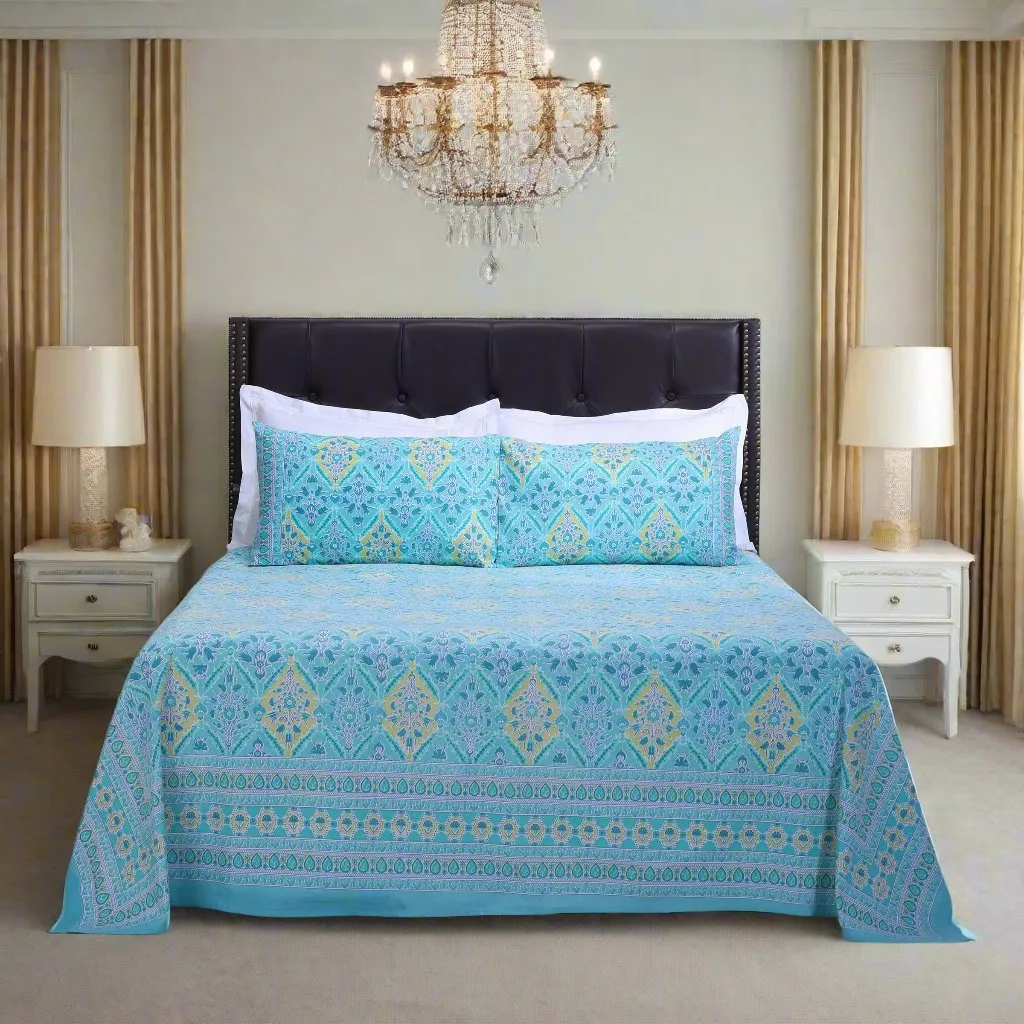 Kalindi Jaal Turquoise Cotton Bedsheet