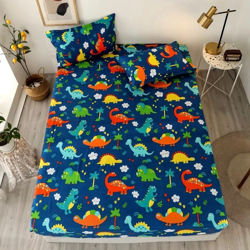 Kids Cartoon Cars Printed Fitted Bed Sheet with Pillowcase