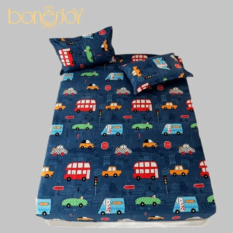 Kids Cartoon Cars Printed Fitted Bed Sheet with Pillowcase