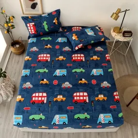 Kids Cartoon Cars Printed Fitted Bed Sheet with Pillowcase