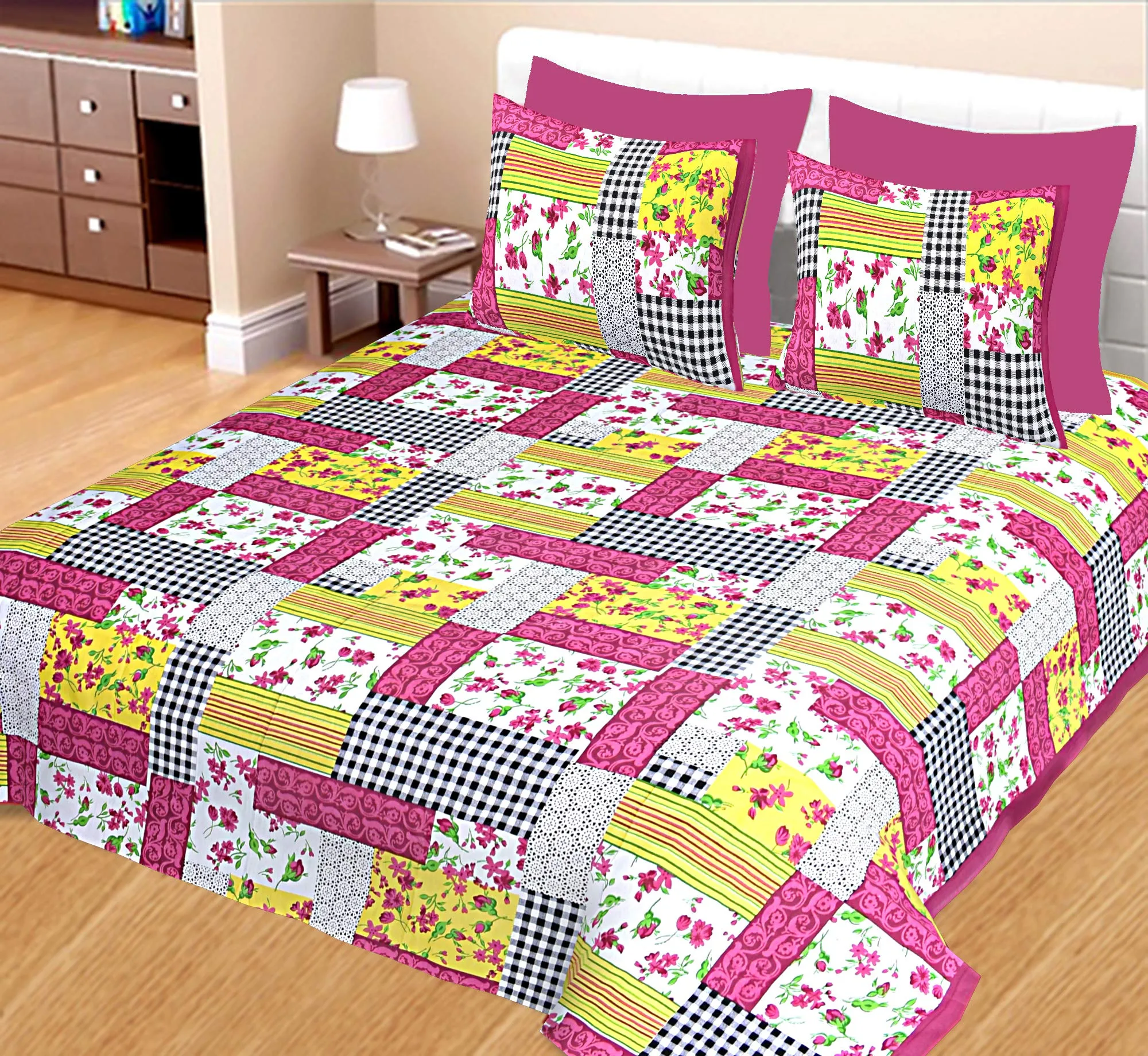 Kuber Industries 100% Cotton 144 TC Double Bed Sheet with 2 Pillow Covers (Pink) -CTKTC12999