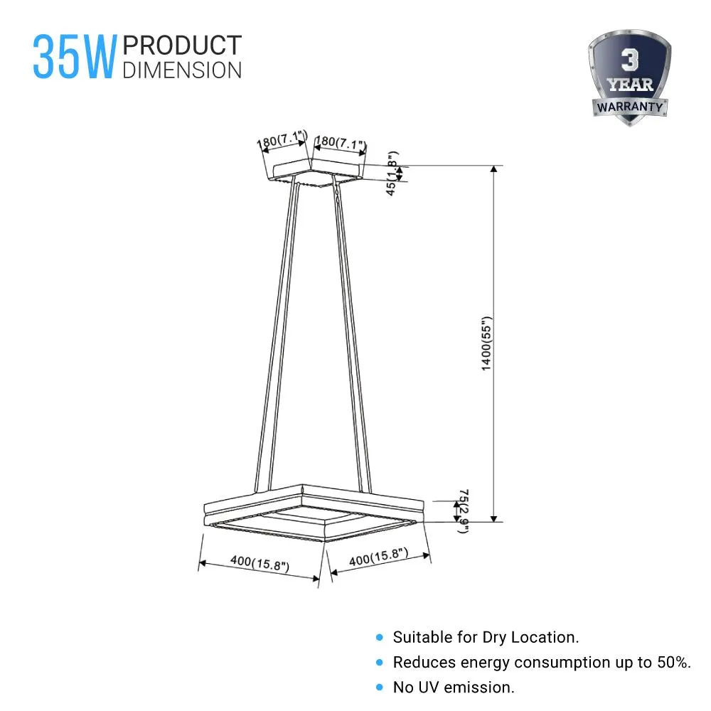 LED Pendant Light Fixture, Square, Dimmable, 3000K (Warm White), Wood and Matte Black (P1221-D4)