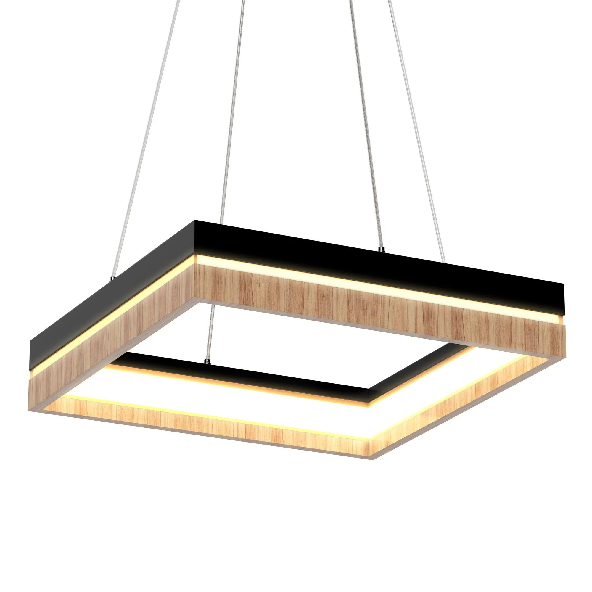 LED Pendant Light Fixture, Square, Dimmable, 3000K (Warm White), Wood and Matte Black (P1221-D4)