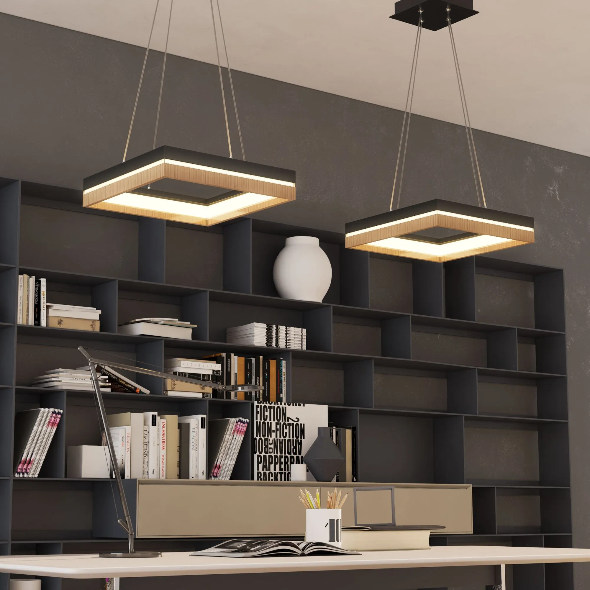 LED Pendant Light Fixture, Square, Dimmable, 3000K (Warm White), Wood and Matte Black (P1221-D4)