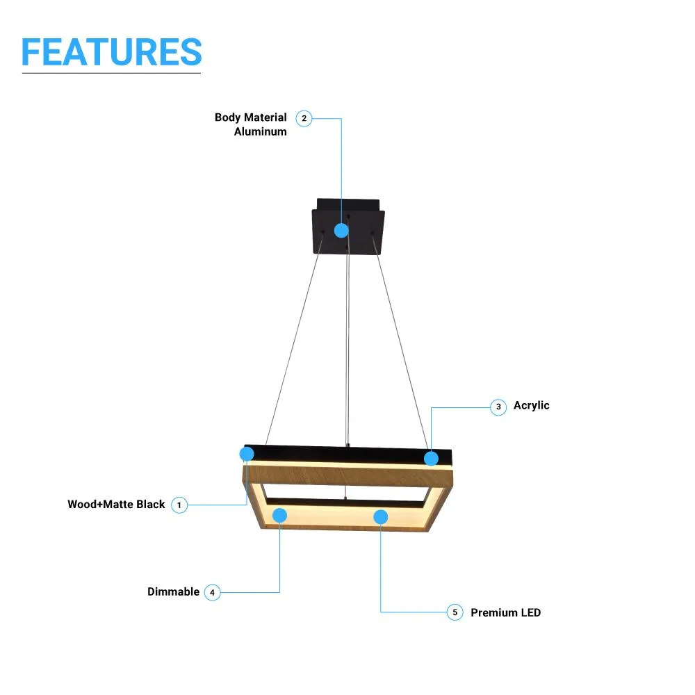 LED Pendant Light Fixture, Square, Dimmable, 3000K (Warm White), Wood and Matte Black (P1221-D4)