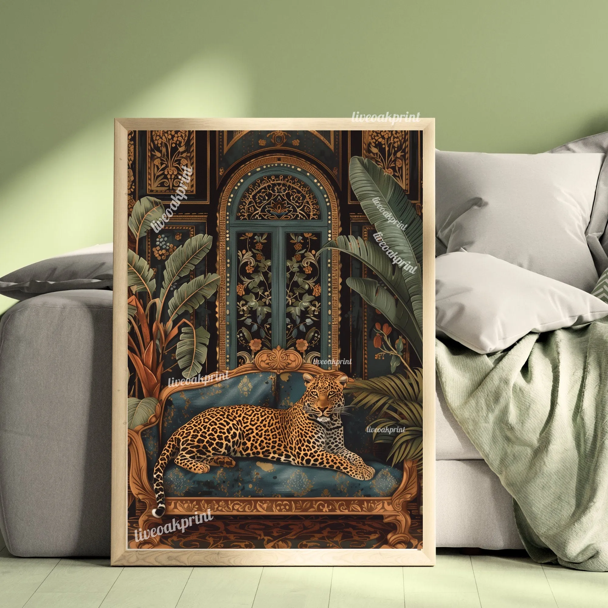 Luxury Leopard In A Dark Academia Living Room - Dark Boho Print - Maximalist Wall Art - Leopard Print - Whimsigoth Living Room