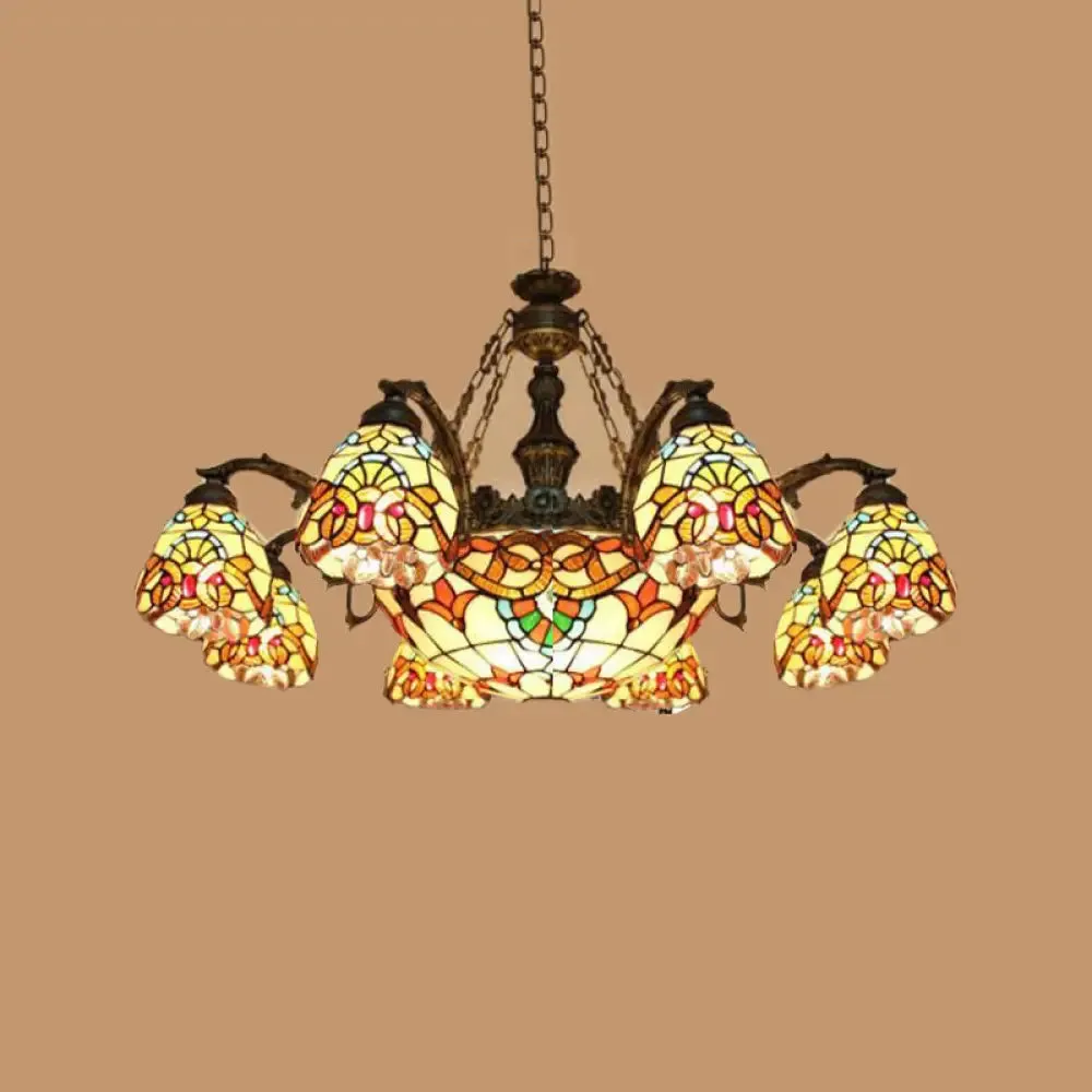 Mediterranean Brown Pendant Chandelier with Flower Stained Glass Shade - 8/11 Lights for Living Room Ceiling