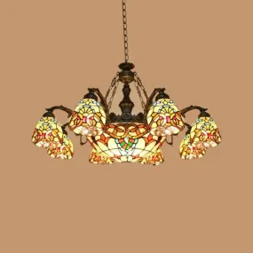 Mediterranean Brown Pendant Chandelier with Flower Stained Glass Shade - 8/11 Lights for Living Room Ceiling